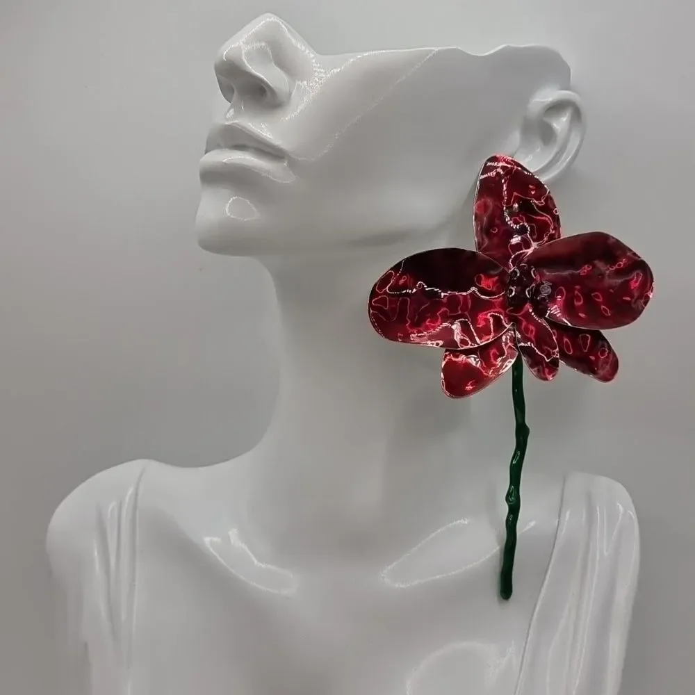 New! ZARA Red Flower statement earrings (1010) | NWOT